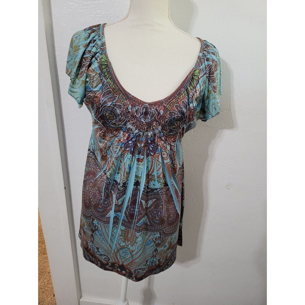 90s Y2K Paisley Scoop Neck Short Sleeve Top Silky Size M Blue Brown Whimsigoth